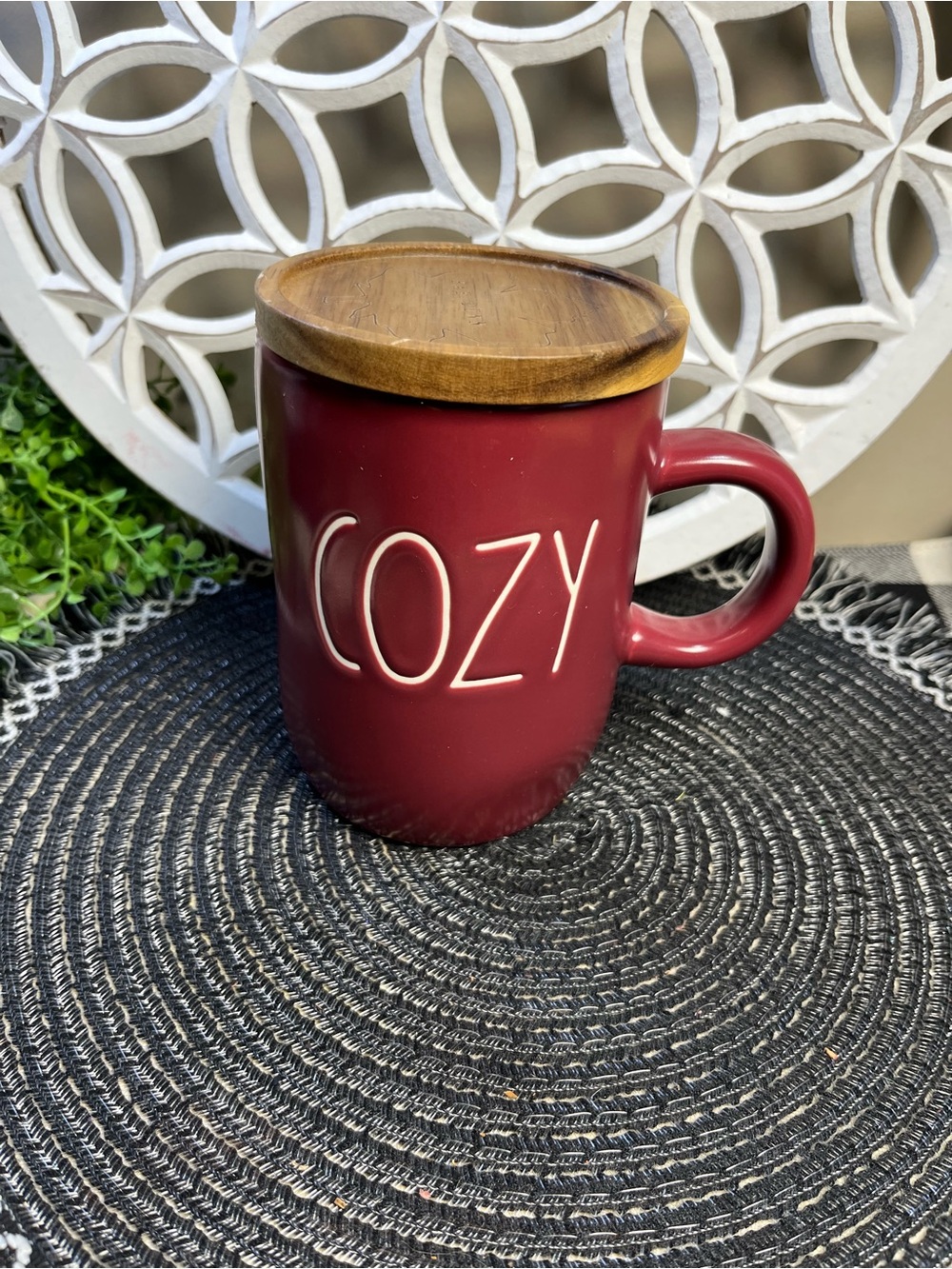 Rae Dunn COZY Ceramic Mug with Wooden Lid - Burgundy